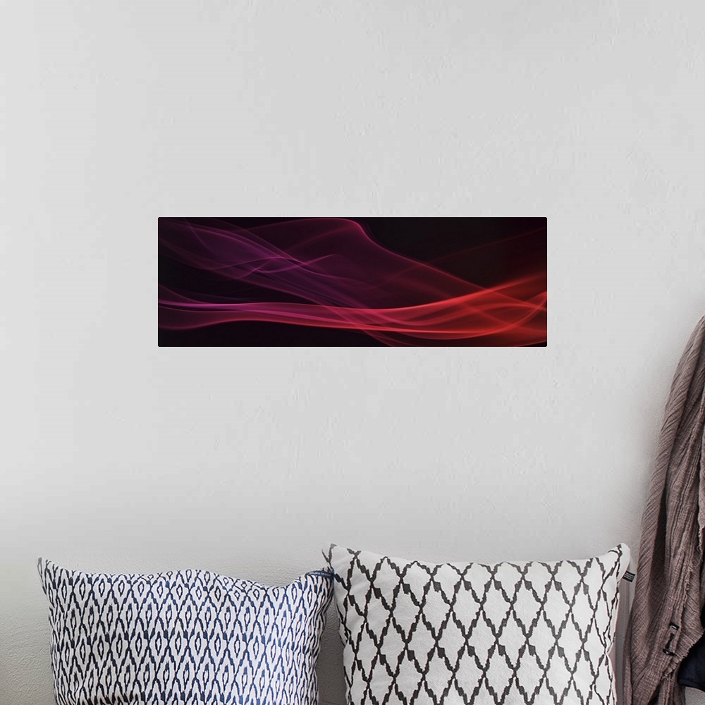A bohemian room featuring A photograph of a colorful smoke flowing sinuously against a black background.