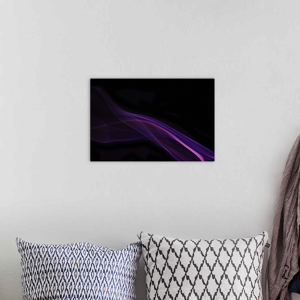 A bohemian room featuring An abstract macro photograph of a sinuous purple line of smoke against a black background.