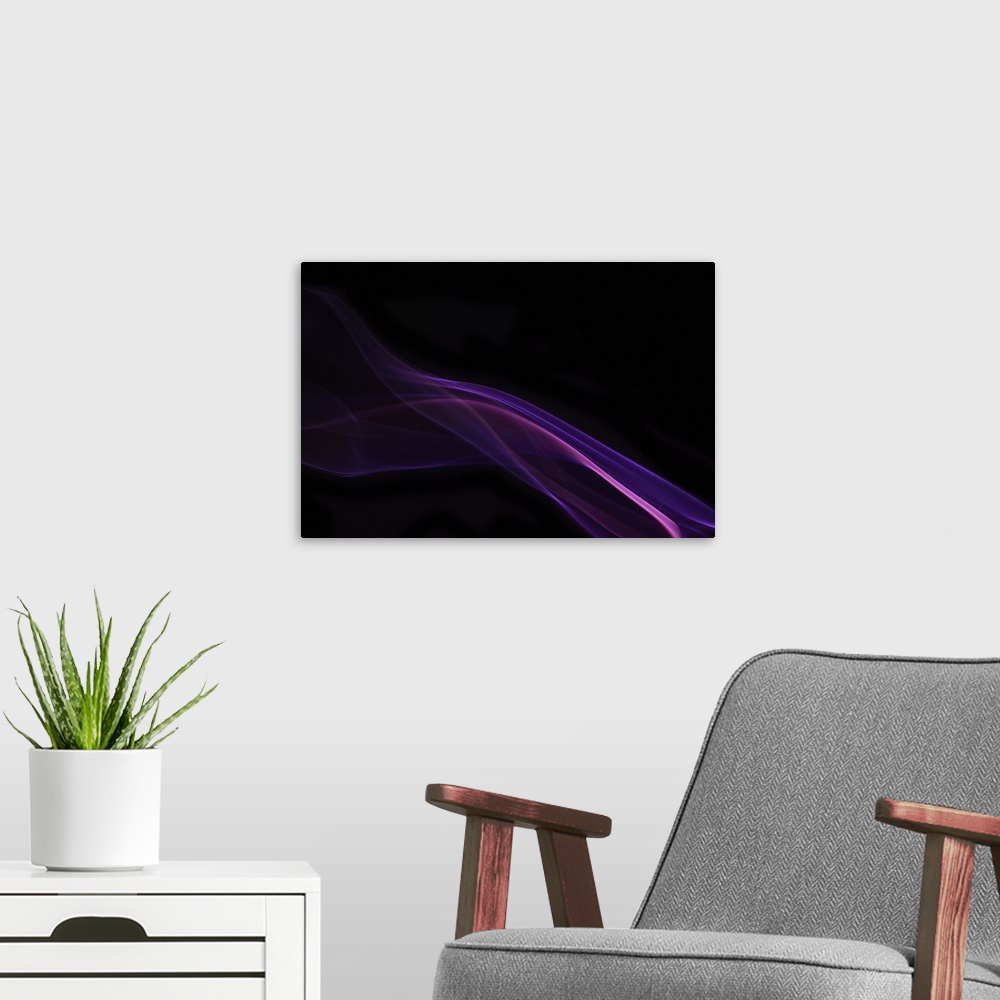 A modern room featuring An abstract macro photograph of a sinuous purple line of smoke against a black background.