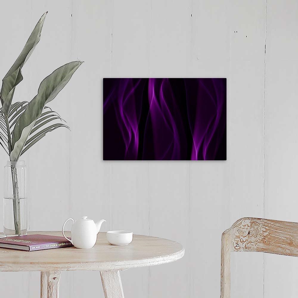 A farmhouse room featuring Abstract photograph of wisps of smoke colored deep purple.