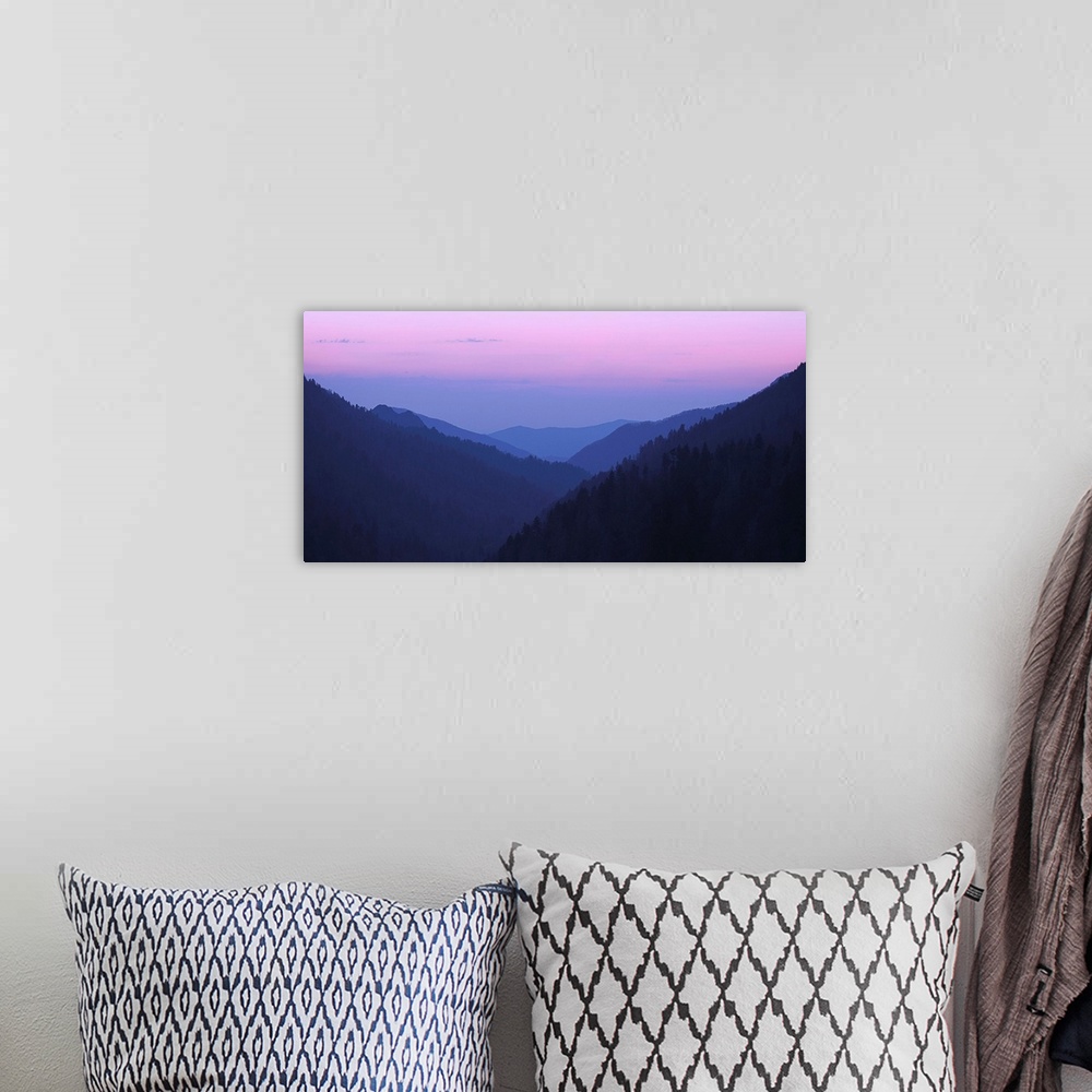 A bohemian room featuring Lavender sky over the Blue Ridge Mountains at sunset.
