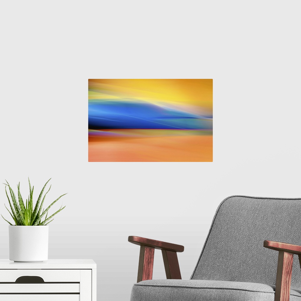 A modern room featuring Abstract interpretation of a sunset on smoke-filled day.