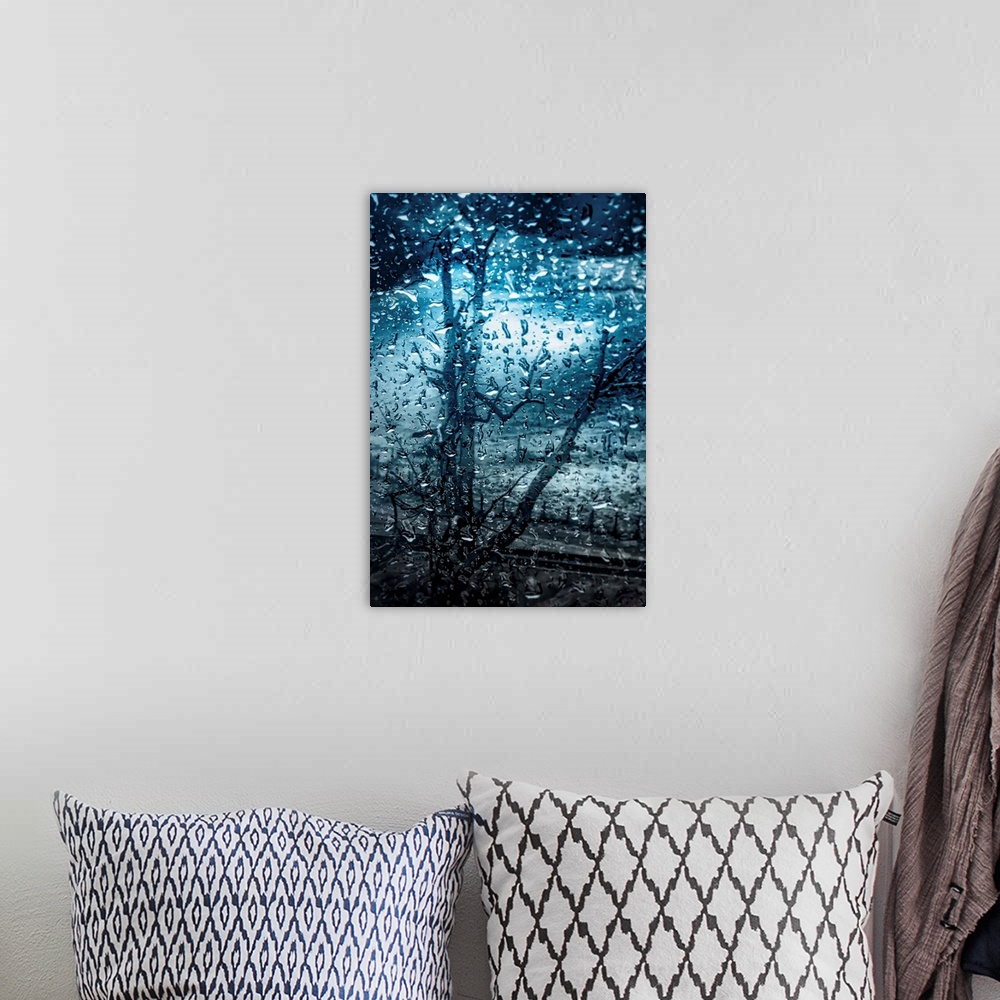 A bohemian room featuring Cool toned photograph of large rain droplets with a bare tree in the background.