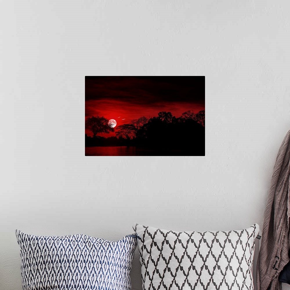 A bohemian room featuring Sunset with a moon and birds, shot with a red filter