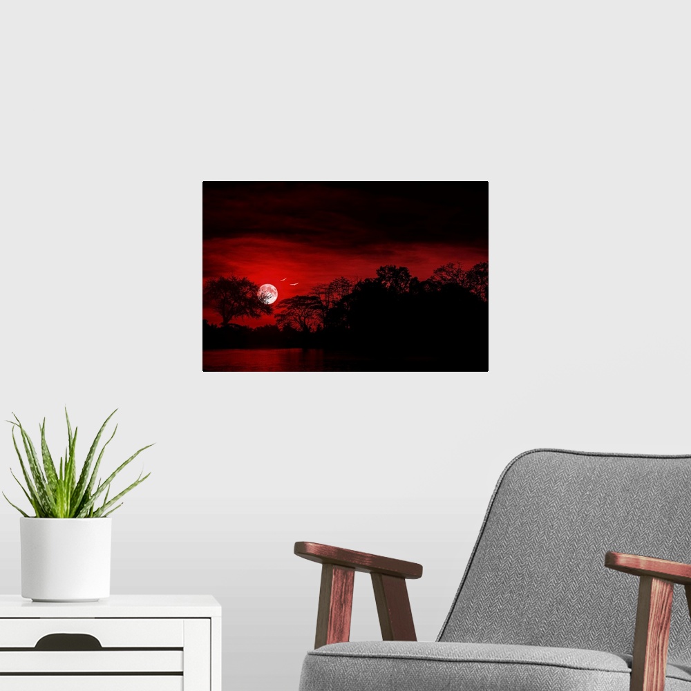 A modern room featuring Sunset with a moon and birds, shot with a red filter