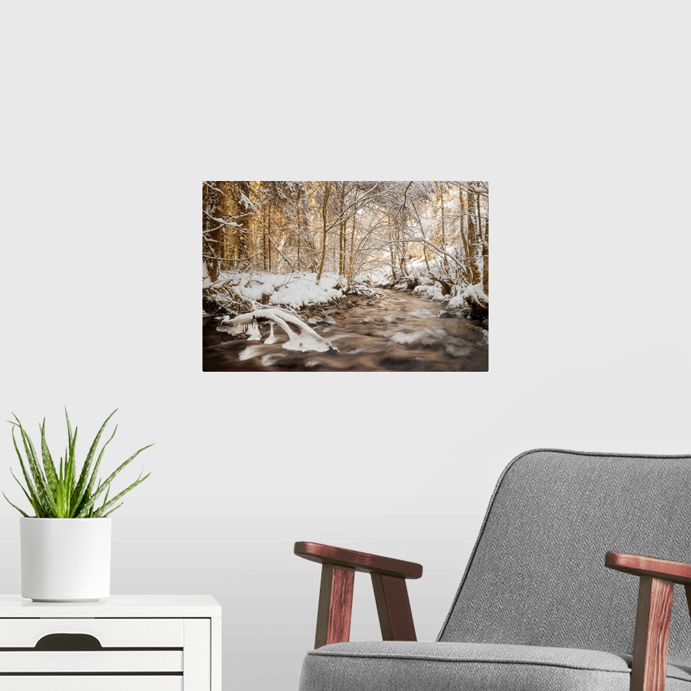 A modern room featuring Photograph of a rushing river in the middle of snow covered woods at golden hour.