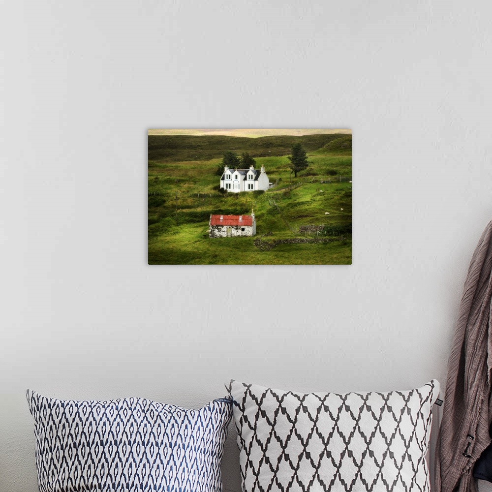 A bohemian room featuring Fine art photo of two houses in the Scottish countryside.