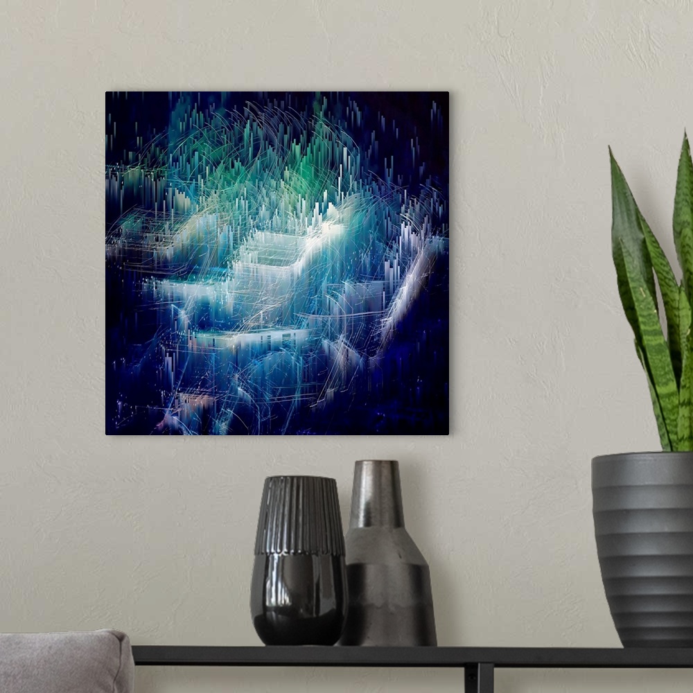 A modern room featuring Abstract image, created in studio, representing what a sparkly town would look like in the future...