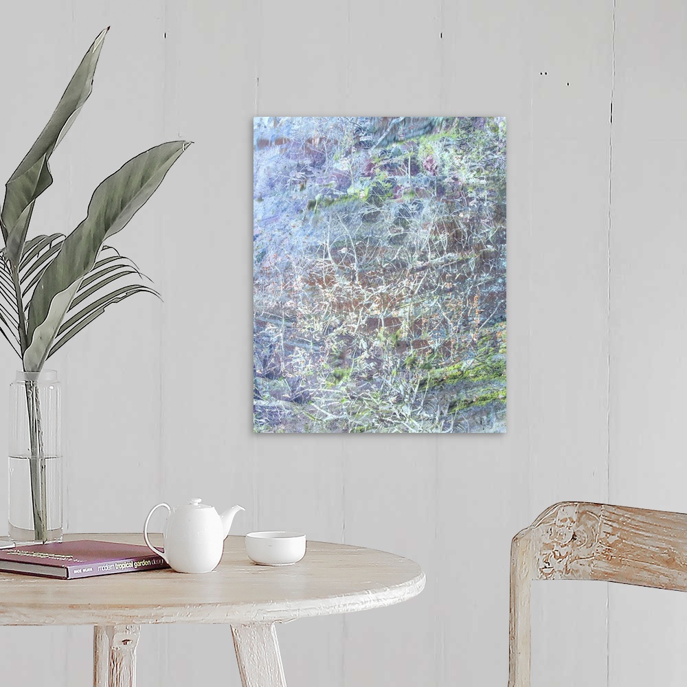A farmhouse room featuring A photograph of flowers in bloom in a garden.