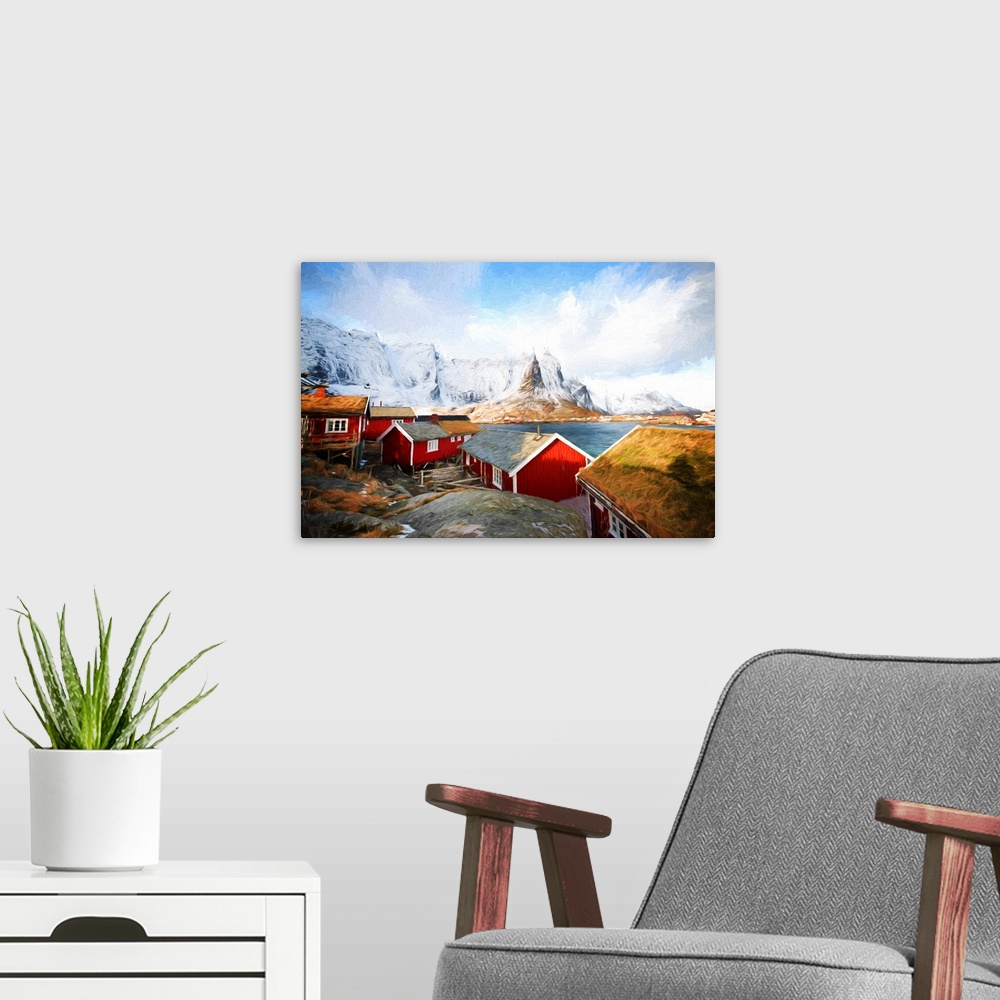 A modern room featuring A photograph of a red building village in a mountain landscape.