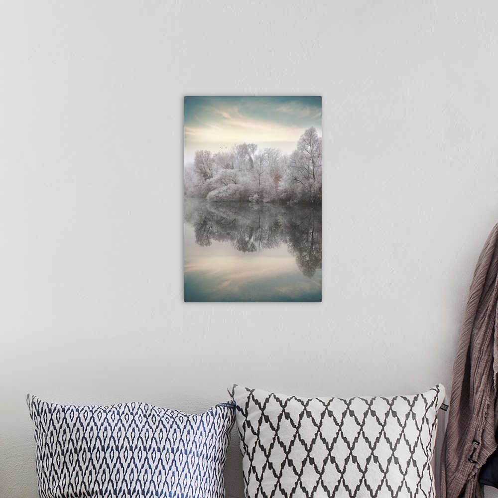 A bohemian room featuring Reflecting photograph of snow covered trees and a blue sky onto a glass-like lake.