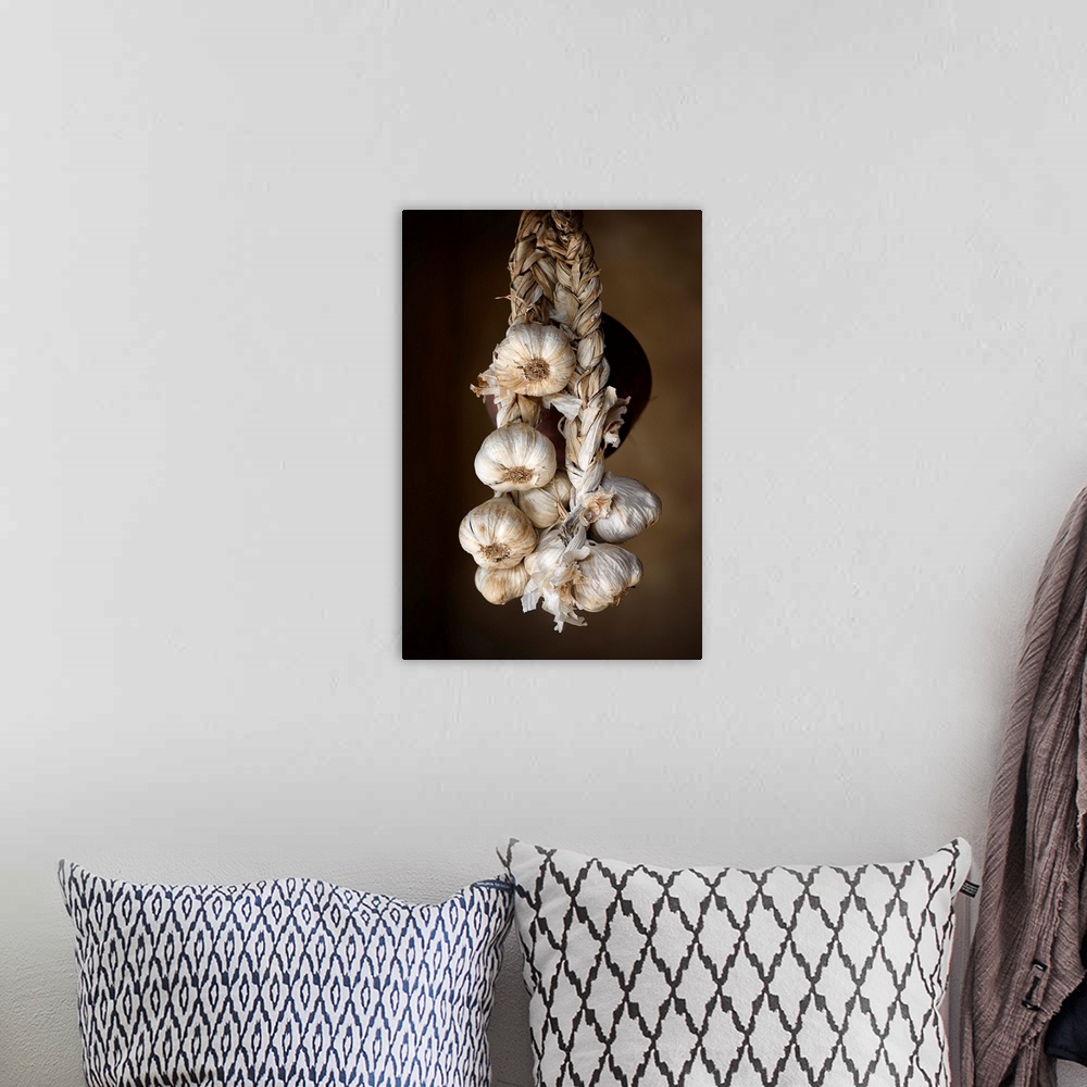 A bohemian room featuring A photograph of hanging garlic cloves.