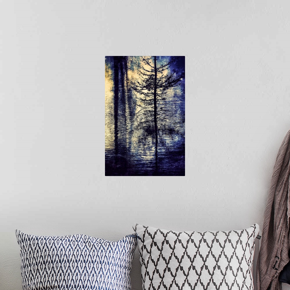 A bohemian room featuring Dreamy photograph of a skinny tree reflecting into rippled water.