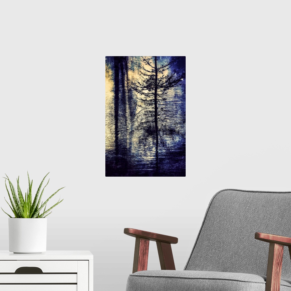 A modern room featuring Dreamy photograph of a skinny tree reflecting into rippled water.