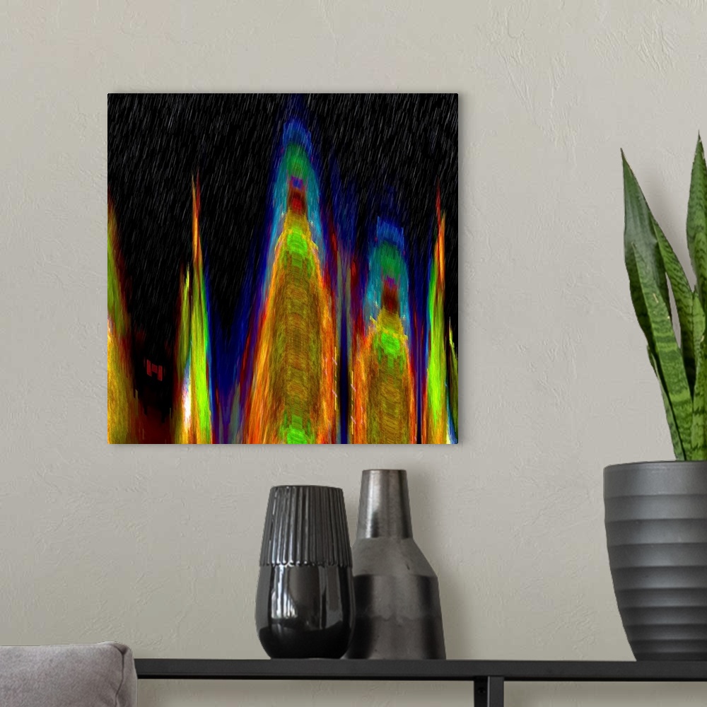 A modern room featuring Fluorescent abstract shapes with a speckled effect, resembling raindrops over neon buildings.