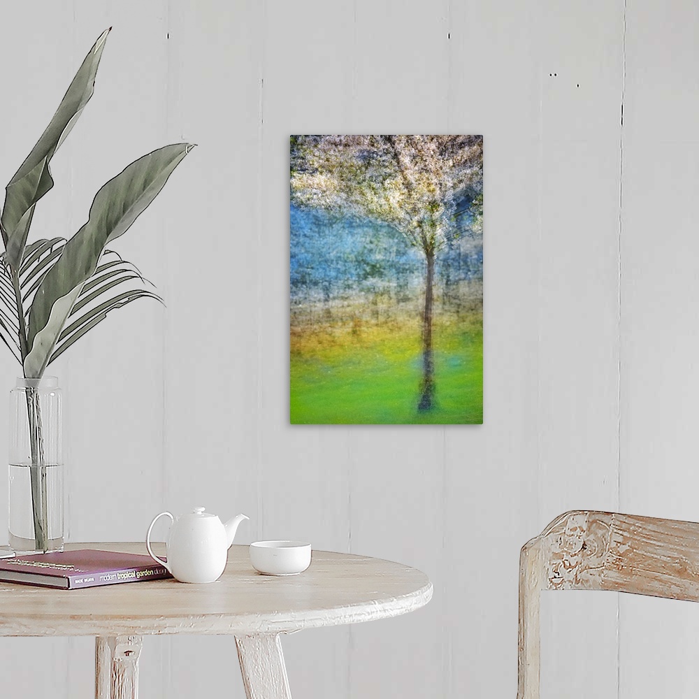 A farmhouse room featuring Enhanced photograph of a blossoming tree, resembling a painting, from Ursula Abresch's Impression...