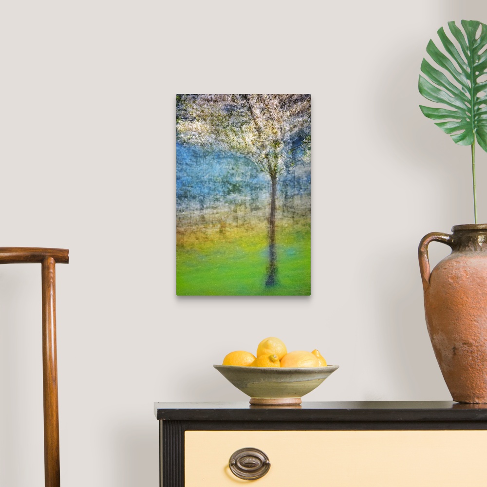 A traditional room featuring Enhanced photograph of a blossoming tree, resembling a painting, from Ursula Abresch's Impression...