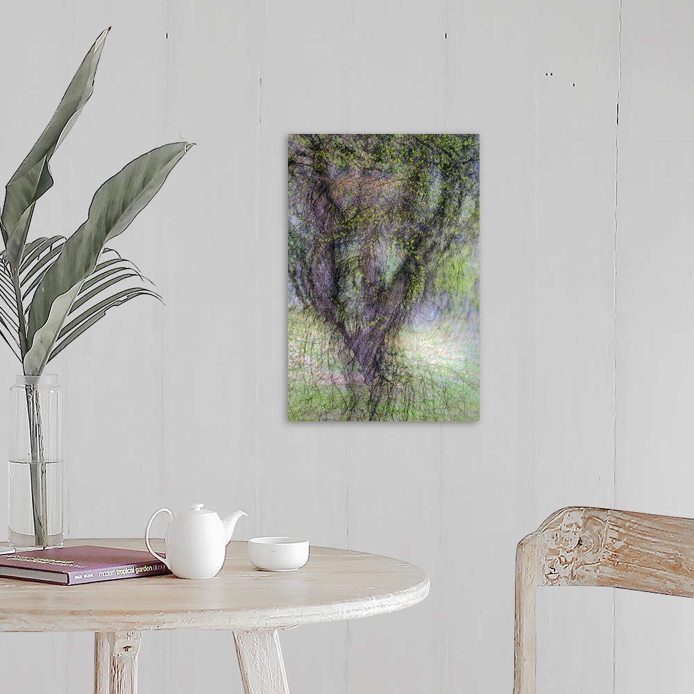 A farmhouse room featuring Blurred motion image of a tree, creating an abstract image.