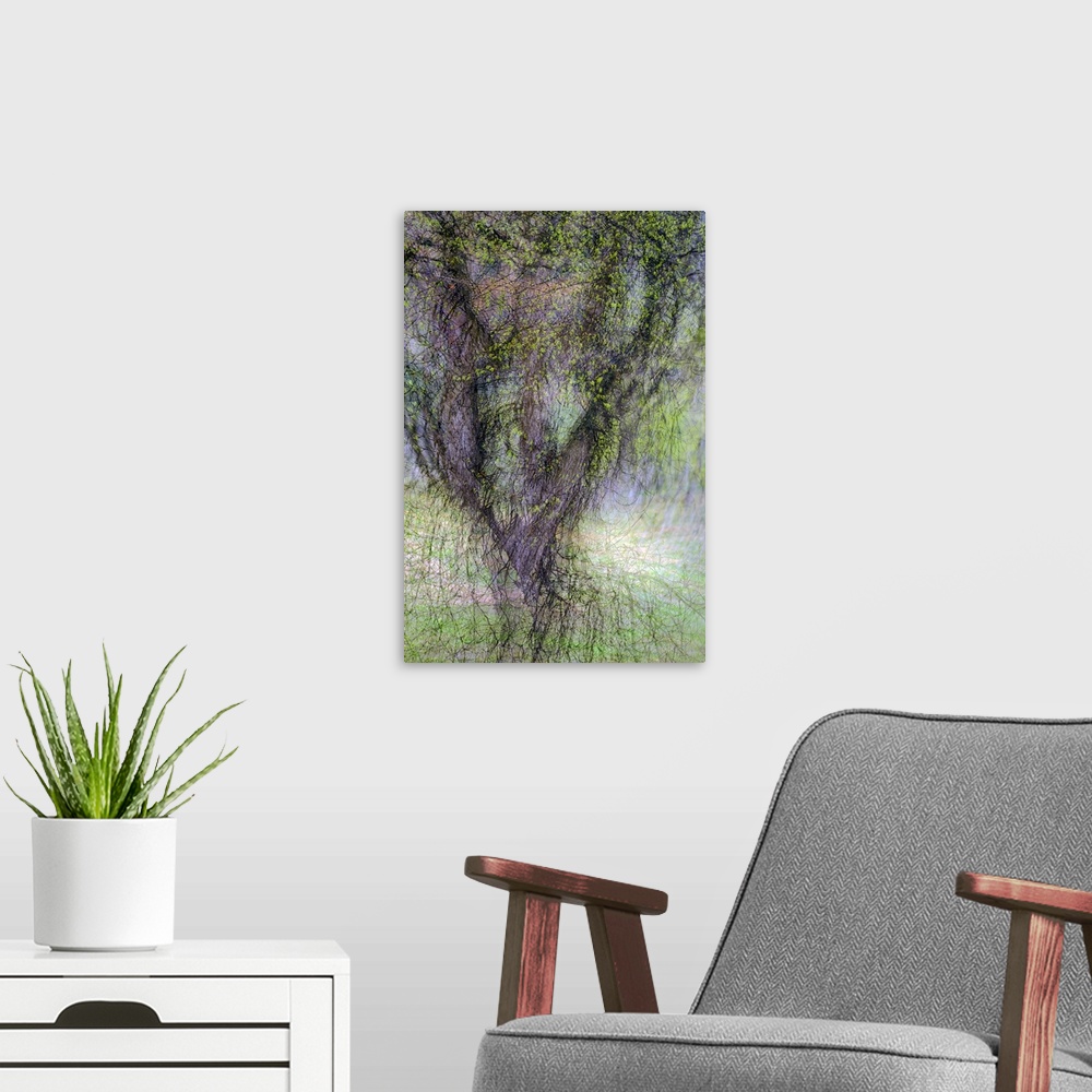 A modern room featuring Blurred motion image of a tree, creating an abstract image.