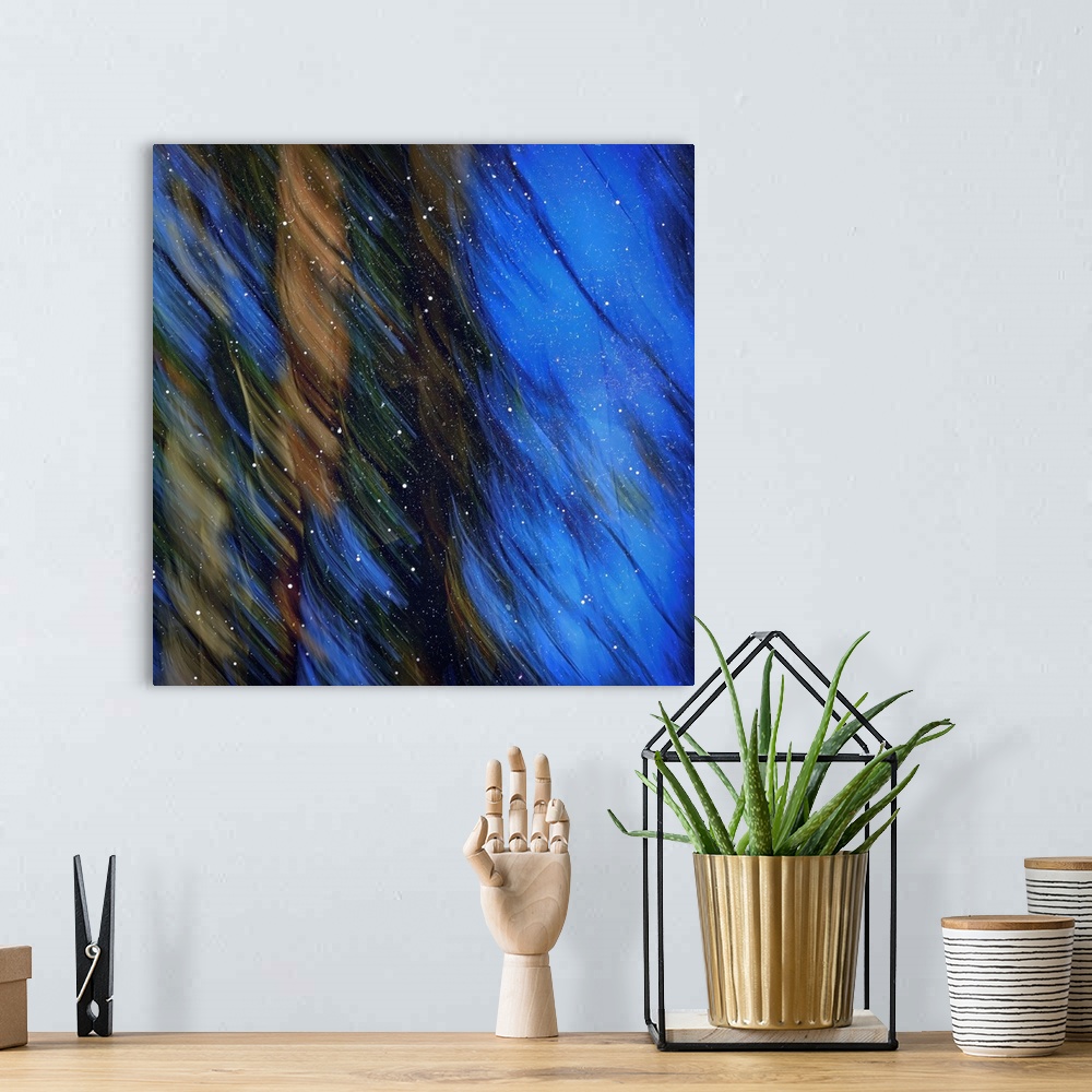 A bohemian room featuring Abstract image of pine trees on a bright blue sky with wispy lines from motion blur and white sta...