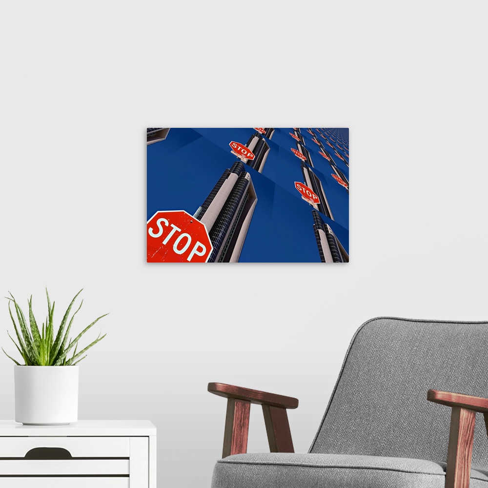 A modern room featuring Image of a stop sign and skyscraper repeated several times into a pattern, creating an abstract i...
