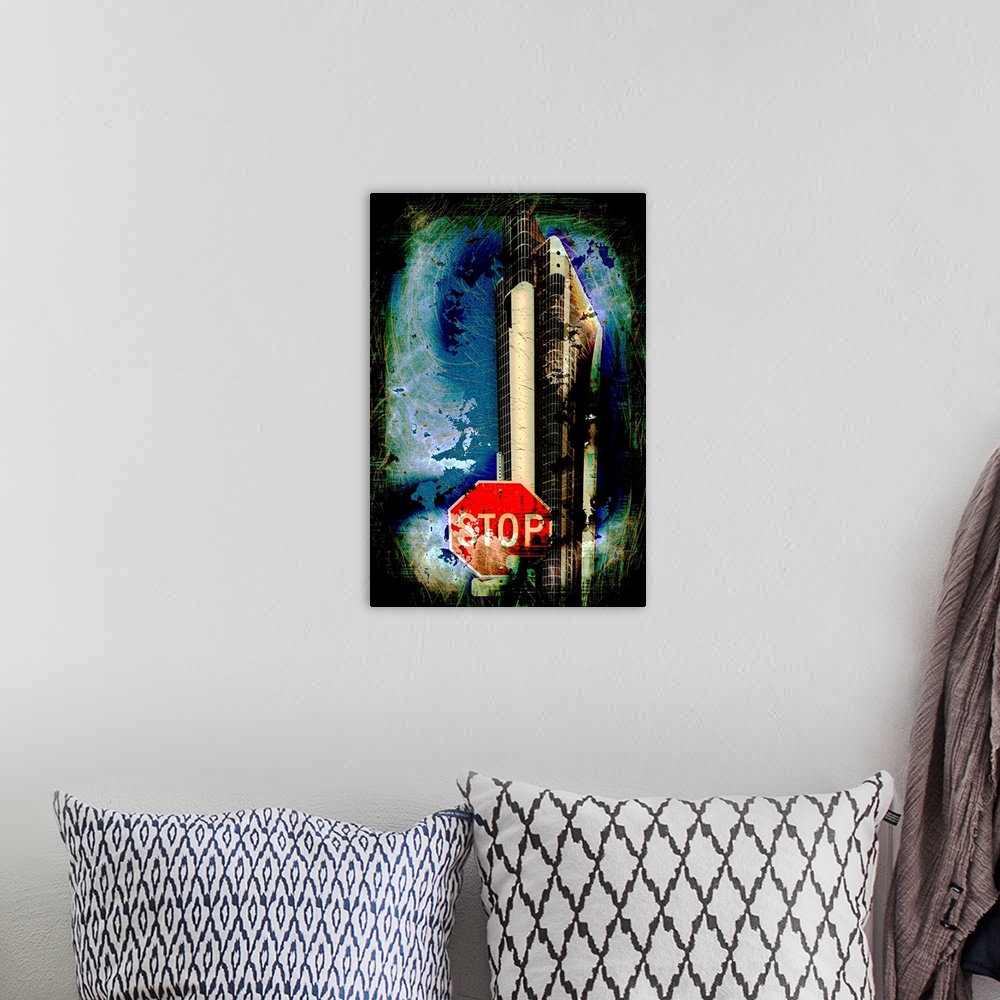 A bohemian room featuring Image of a stop sign and a skyscraper in the distance, with a heavy grunge texture effect.