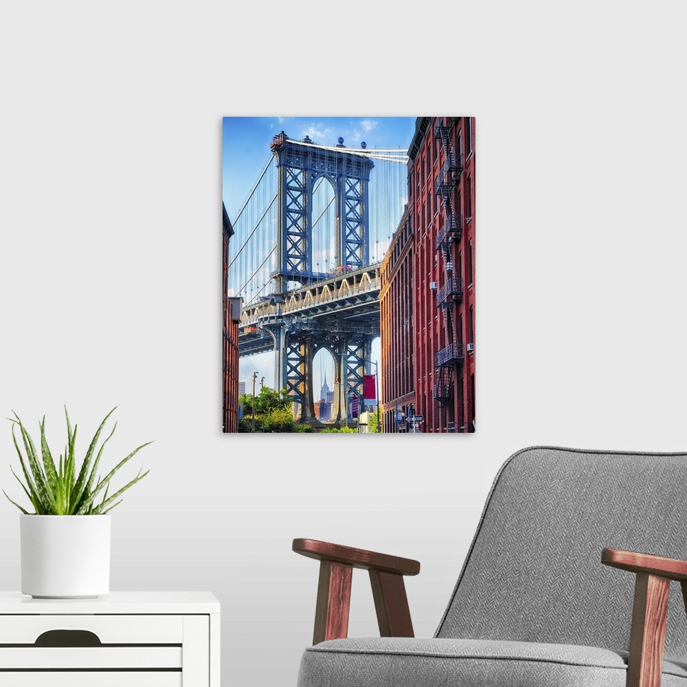 A modern room featuring Street View of the Manhattan Bridge Brooklyn Tower, New York City.