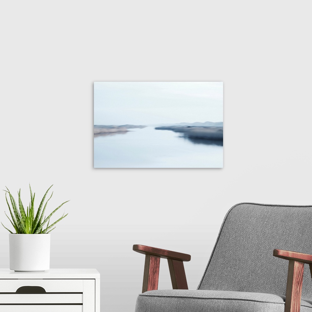 A modern room featuring A winter stroll along the waters of deserted marshes.