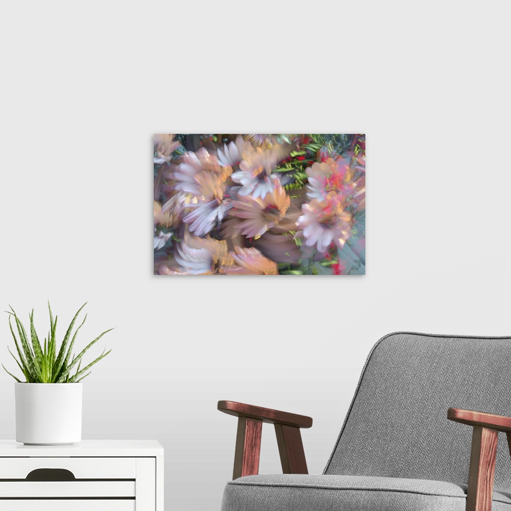 A modern room featuring Moving the camera and long-term exposure. A lot of summer flower in abstract expression.