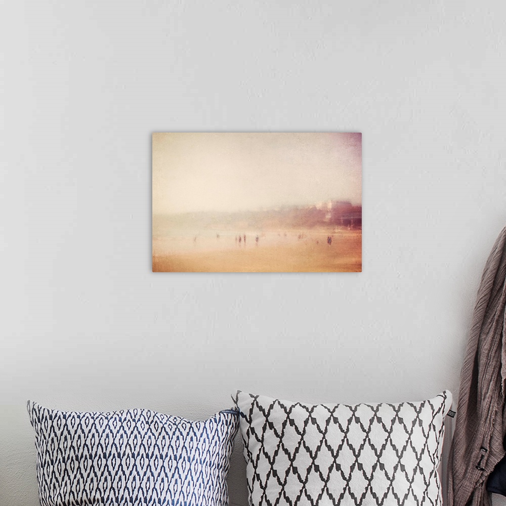 A bohemian room featuring A vintage textured dreamy blurred image of Scarborough seaside beach, England, on a hot summers d...