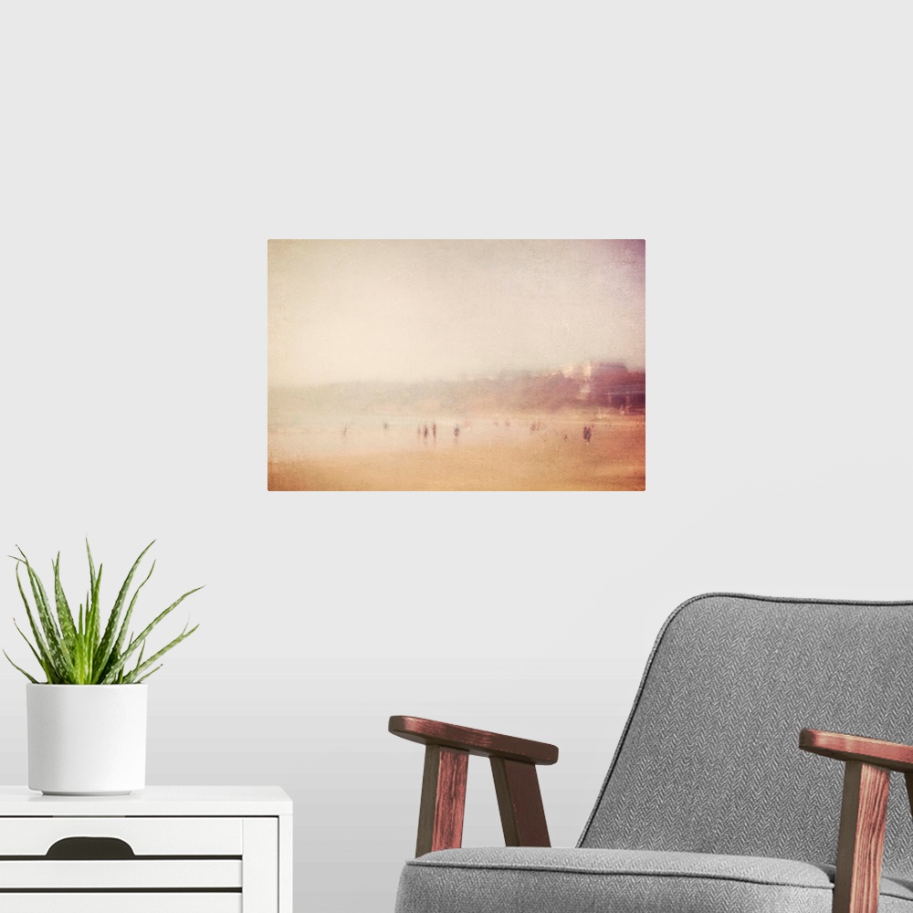 A modern room featuring A vintage textured dreamy blurred image of Scarborough seaside beach, England, on a hot summers d...