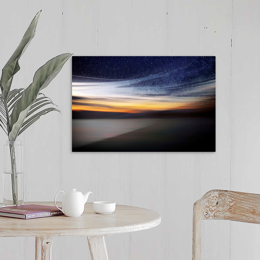 A farmhouse room featuring Fine art photo of a starry night sky over the light of the setting sun from the coast.
