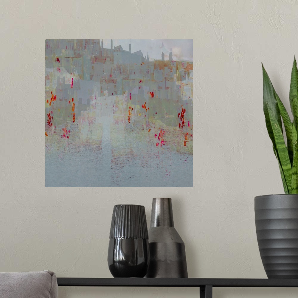 A modern room featuring An abstract expressionistic image of a cityscape in pale blues, greens with splashes of orange an...