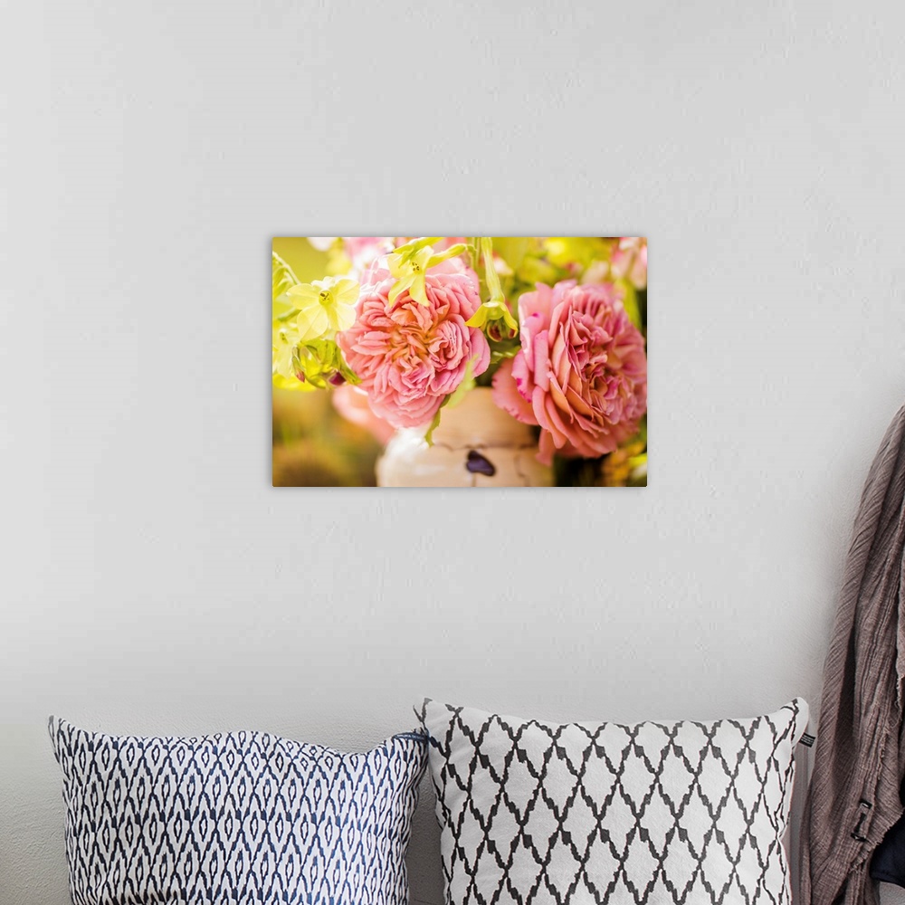 A bohemian room featuring Close-up photograph of pink English roses in an arrangement with a shallow depth of field.