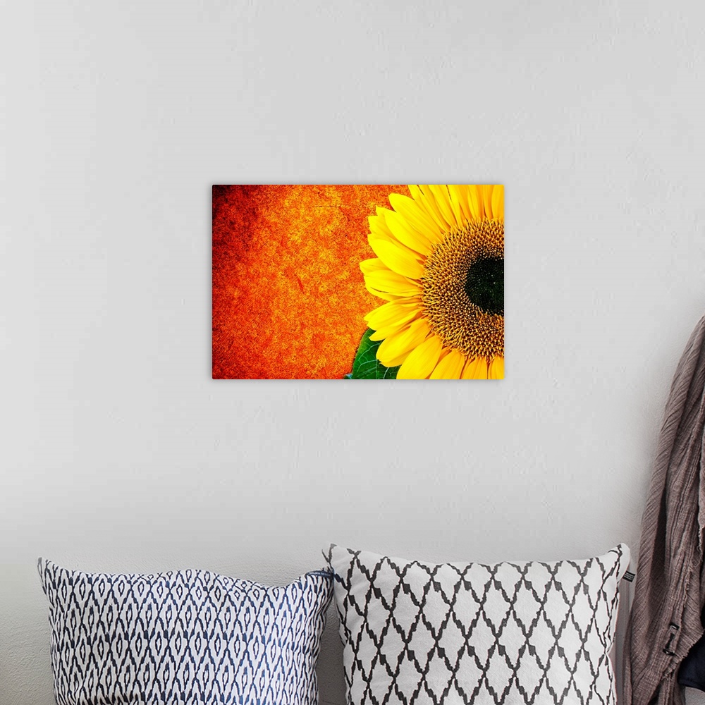 A bohemian room featuring A vibrant, landscape photograph of a golden sunflower on the right, against a fiery orange and re...