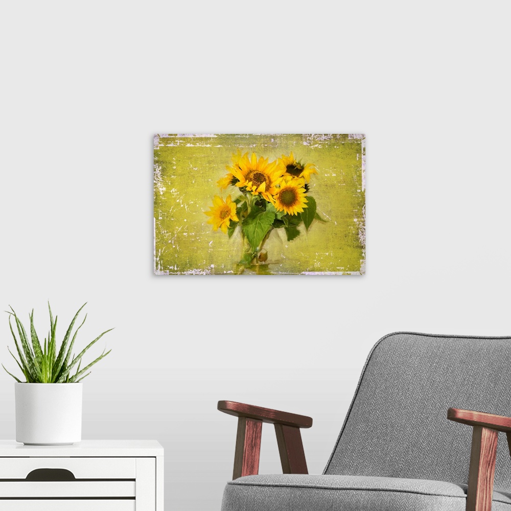 A modern room featuring Photograph of a bouquet of sunflowers in a glass jar on a green and white weathered background.