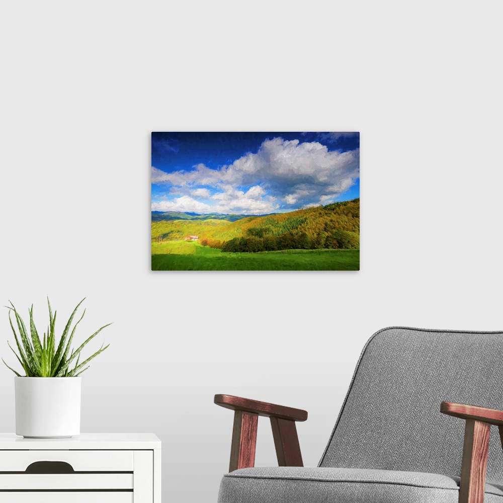 A modern room featuring A photograph of a countryside landscape under fluffy clouds.