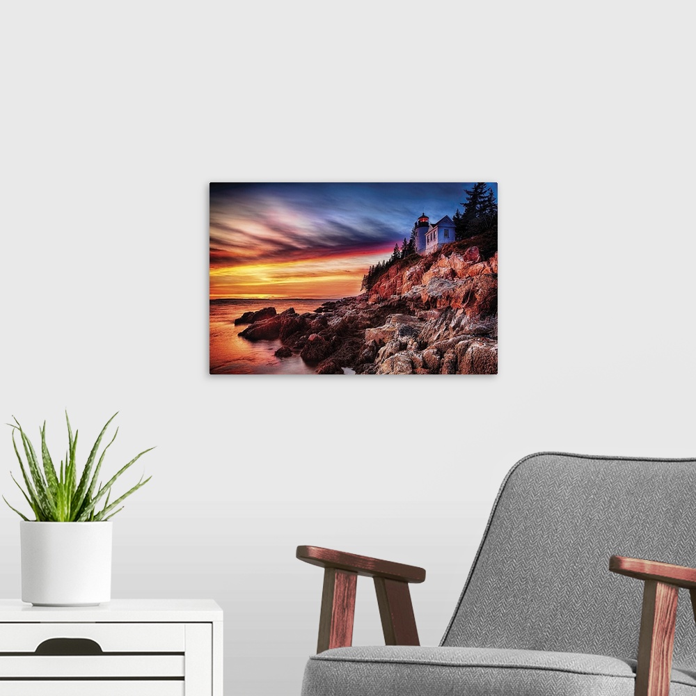 A modern room featuring Lighthouse on a Cliff at Sunset, Bass Harbor Head Lighthouse, Maine.