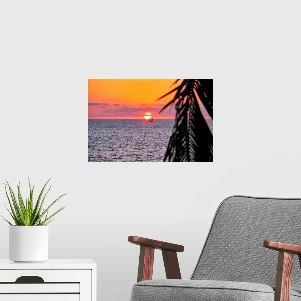 A modern room featuring A photo of sun setting behind a boat on water in Puerto Vallarta, Mexico with a palm tree leaf on...