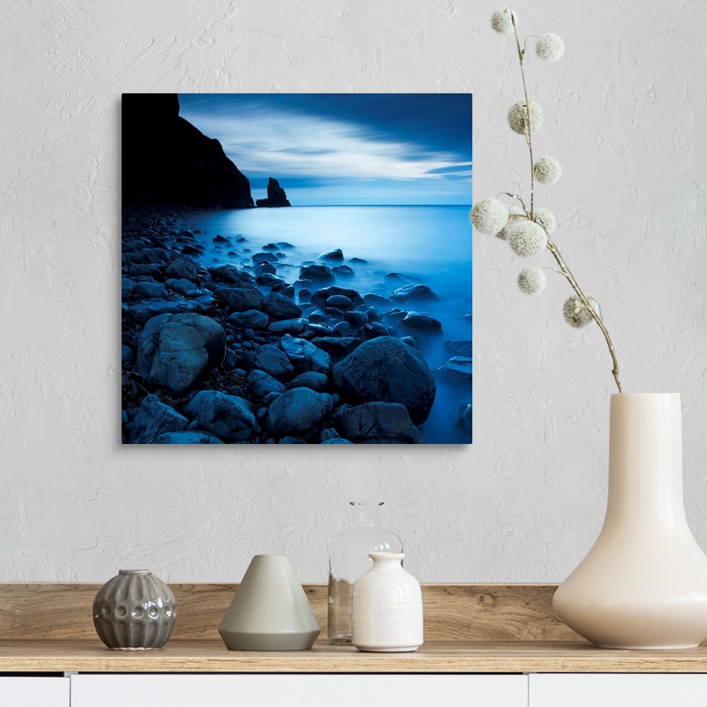 A farmhouse room featuring This is a vertical landscape photograph of fog and water on rocky beach that would make great hug...
