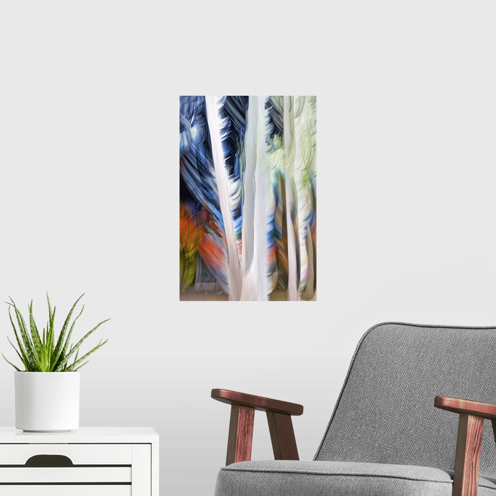 A modern room featuring An ICM (Intentional Camera Movement) image of a group of tall cedars in a small town in British C...