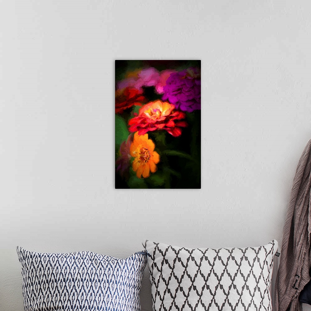 A bohemian room featuring A close-up photograph of vibrant flowers in a vignette.