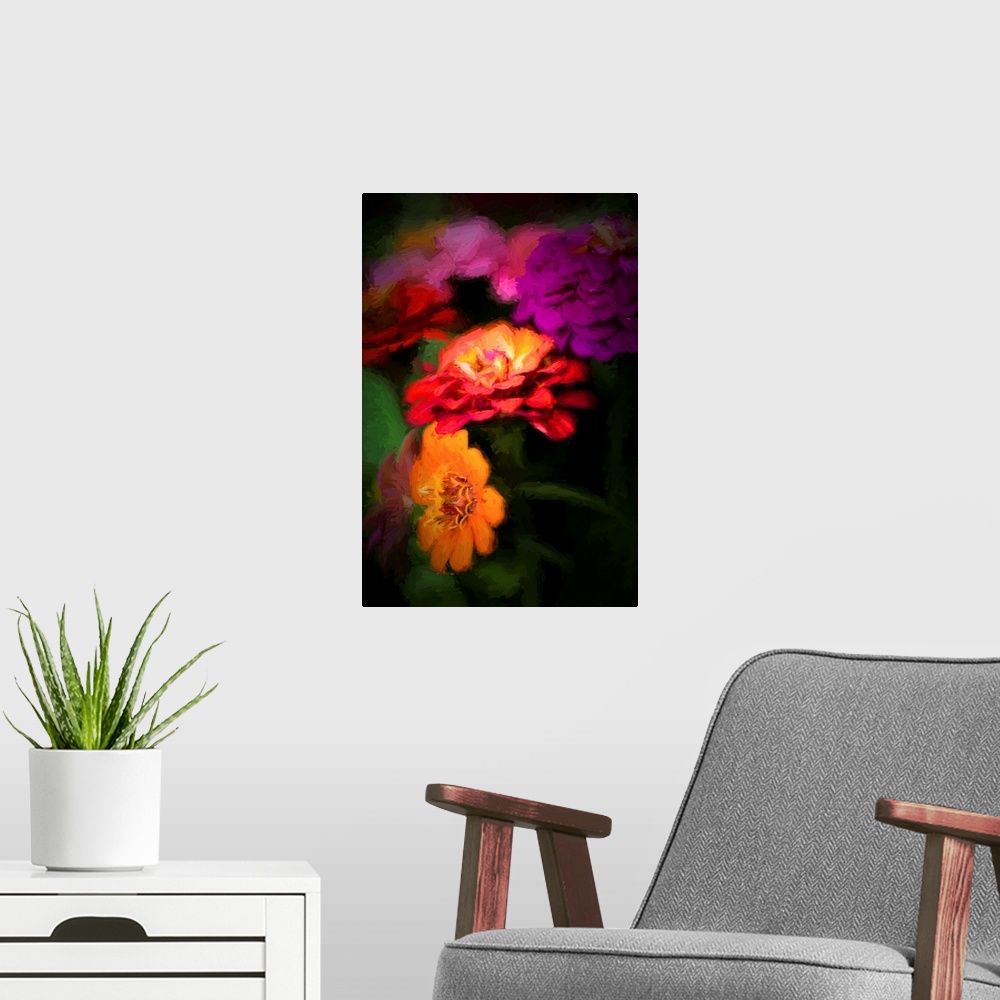 A modern room featuring A close-up photograph of vibrant flowers in a vignette.