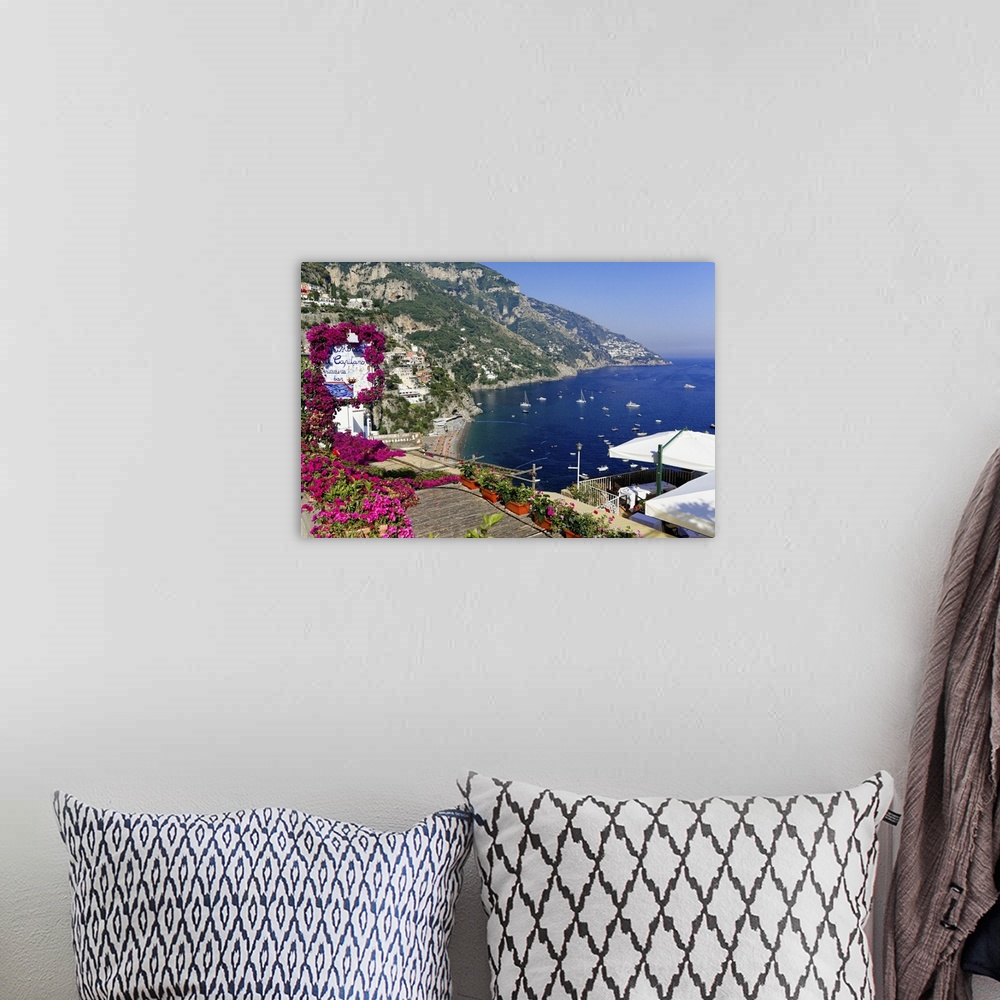 A bohemian room featuring High Angle View of a Beach and Coast from a Hillside Terrace, Positano