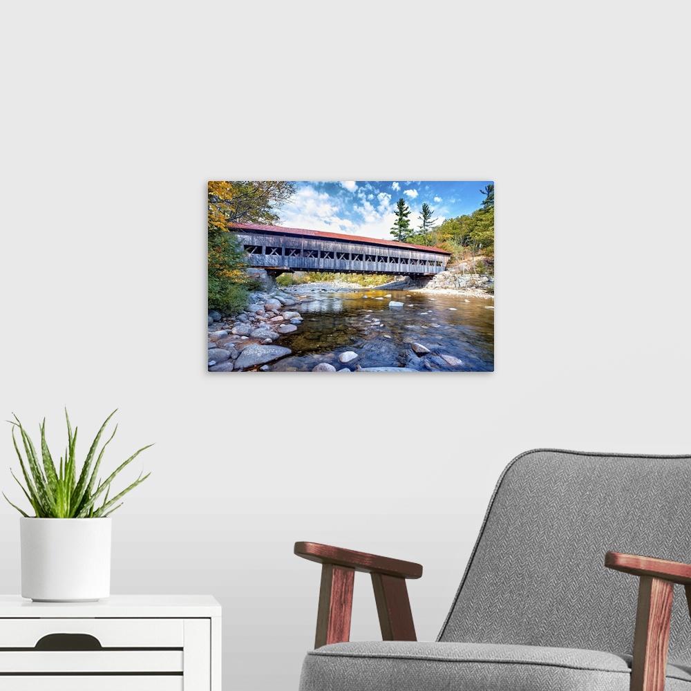 A modern room featuring The Albany Covered Bridge Over the Swift River at Fall, New Hampshire.