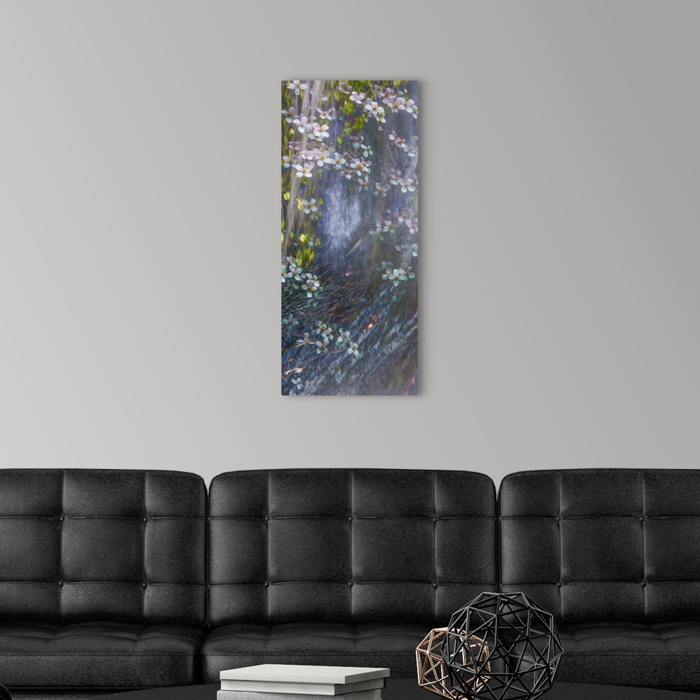 A modern room featuring Panel sized photograph with a dreamy look of flowers floating down a river.