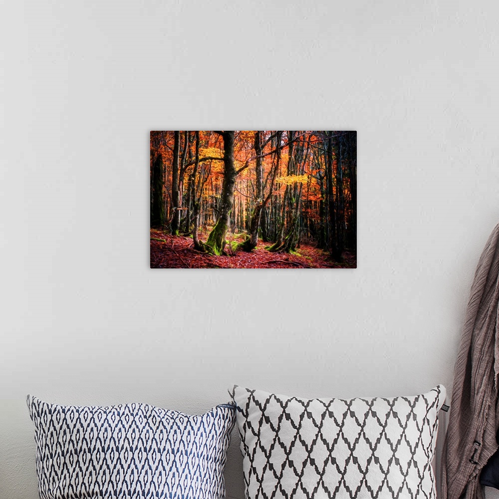 A bohemian room featuring Contemporary painting of Autumn woods with mossy green tree trunks and bright orange, yellow, and...