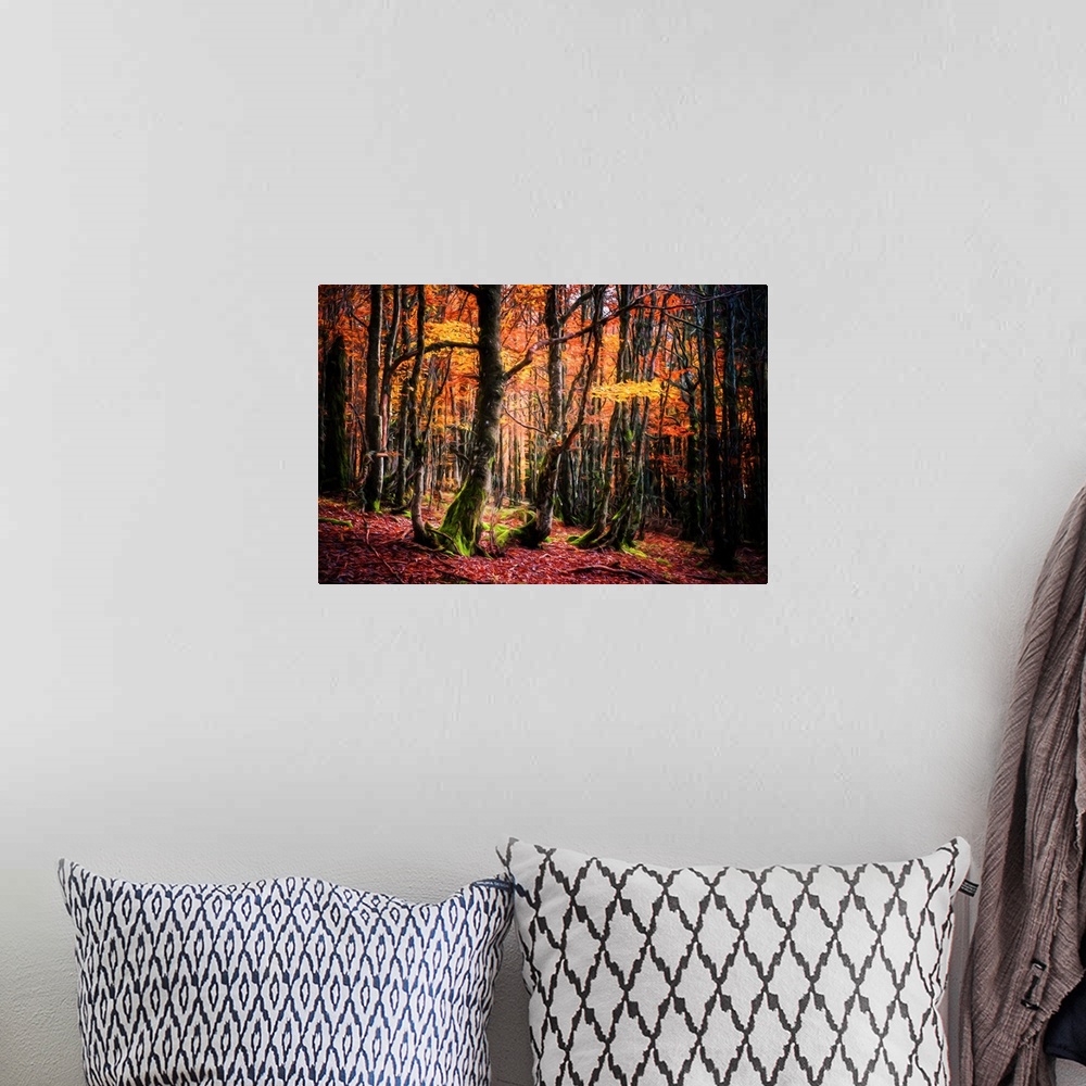 A bohemian room featuring Contemporary painting of Autumn woods with mossy green tree trunks and bright orange, yellow, and...