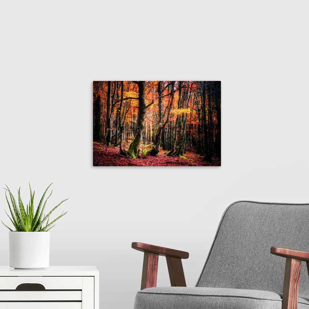 A modern room featuring Contemporary painting of Autumn woods with mossy green tree trunks and bright orange, yellow, and...