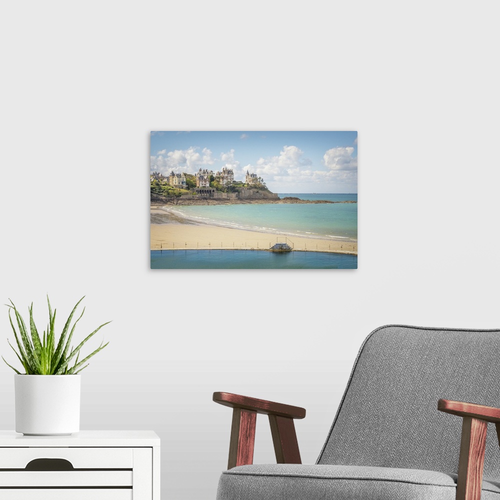 A modern room featuring The large beach of Dinard city in brittany, cotes d'armor area in france.